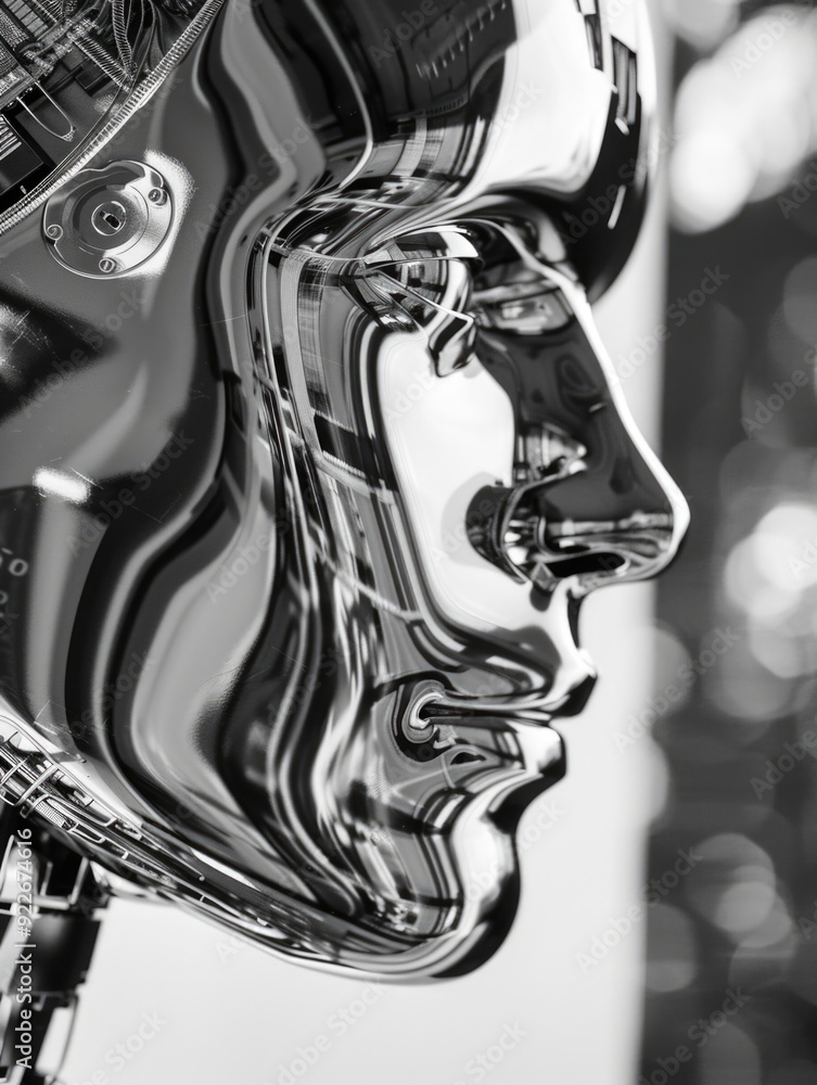 Modern, reflective, metallic face of an artificial intelligence robot with geometric design. Modern, reflective, metallic face of an artificial intelligence robot with geometric design.