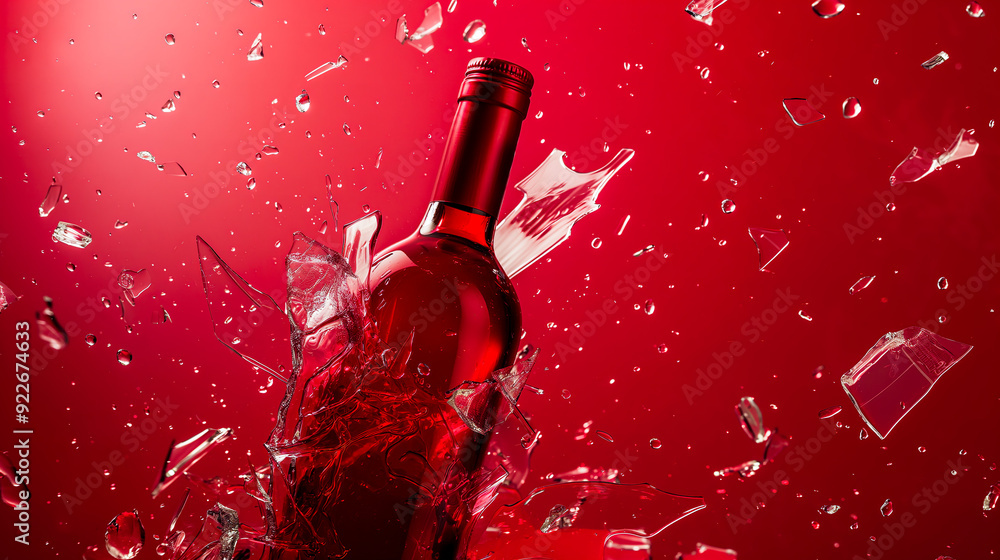 Fototapeta premium Red Bottle Shattering with Glass Fragments Everywhere Against a Red Background in Studio Product Photography