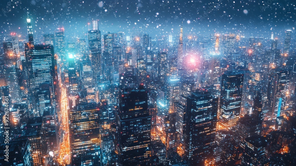 Nighttime Aerial View of a Densely Populated City Under a Snowy Sky Nighttime Aerial View of a Densely Populated City Under a Snowy Sky
