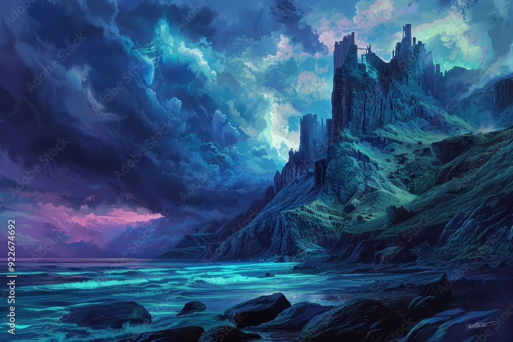 Fototapeta premium Mysterious Coastal Fortress Under a Stormy Sky
