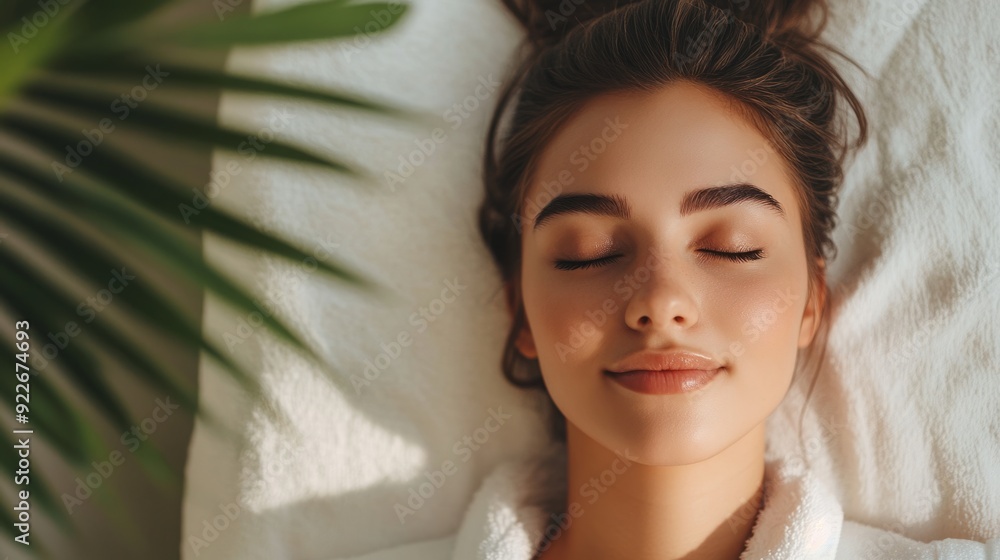 A peaceful close-up of a woman lying in a spa setting, exuding tranquility and relaxation. Perfect for concepts of self-care, wellness, and beauty. A peaceful close-up of a woman lying in a spa setting, exuding tranquility and relaxation. Perfect for concepts of self-care, wellness, and beauty.