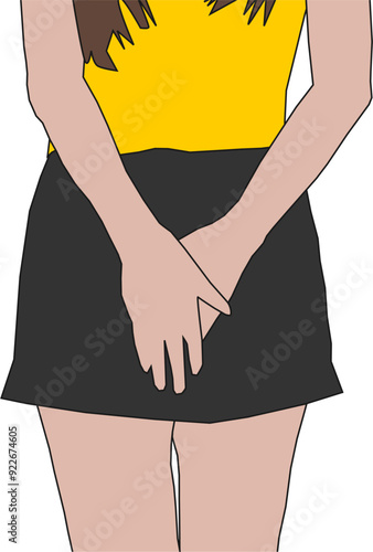 A vector illustration depicting a young Asian woman experiencing discomfort due to vaginal issues, such as urinary incontinence or genital itching. The image shows her holding her lower abdomen, conve