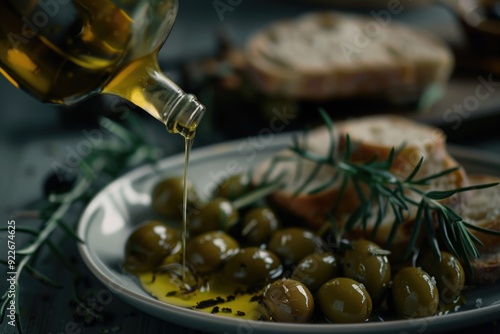 Olive oil being poured on olives and bread for flavor.