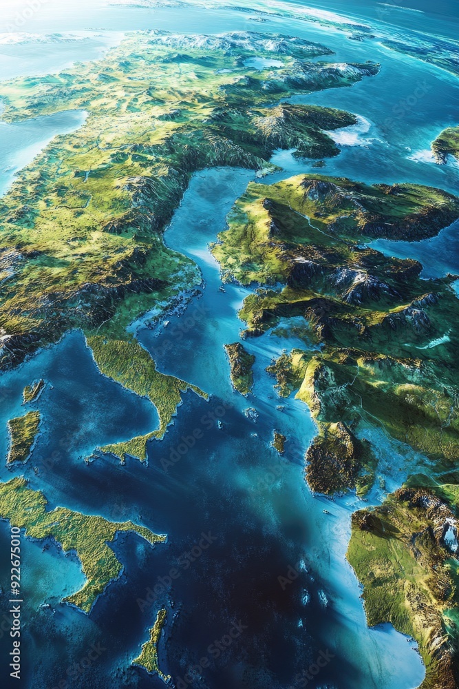 Obraz premium Continental map with country borders. Topographical features and water bodies highlighted.