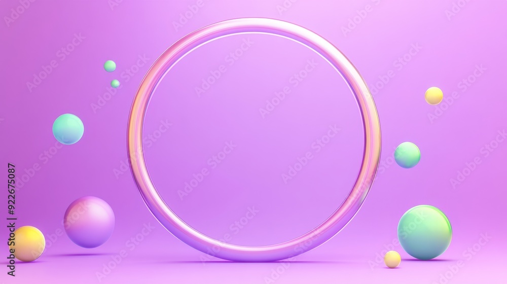 Colorful spheres and large circle on purple background, copy space. Colorful spheres and large circle on purple background, copy space.