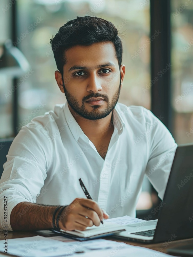 A man in a white shirt and black slacks, focused on work at a well-organized desk. A man in a white shirt and black slacks, focused on work at a well-organized desk.