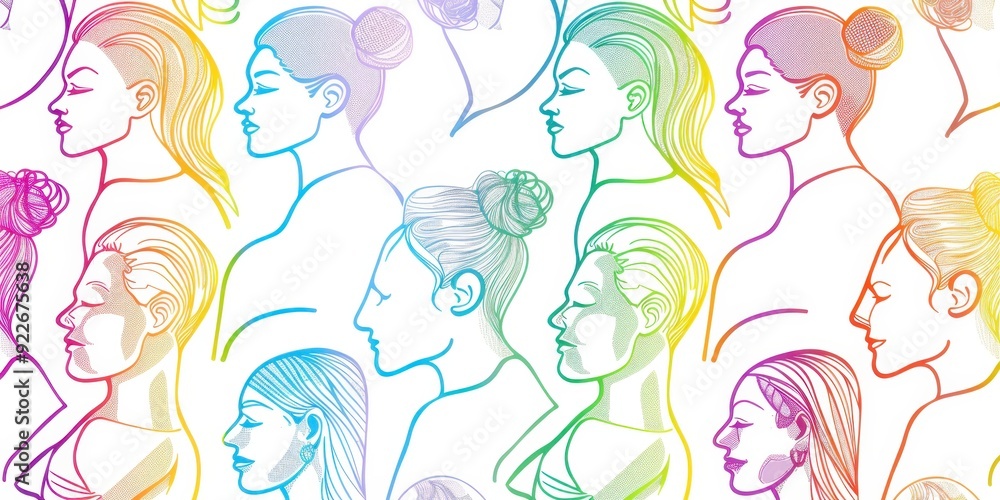 pattern of simple line drawings of people's heads in profile on a white background, colorful with rainbow lines Generative AI pattern of simple line drawings of people's heads in profile on a white background, colorful with rainbow lines Generative AI