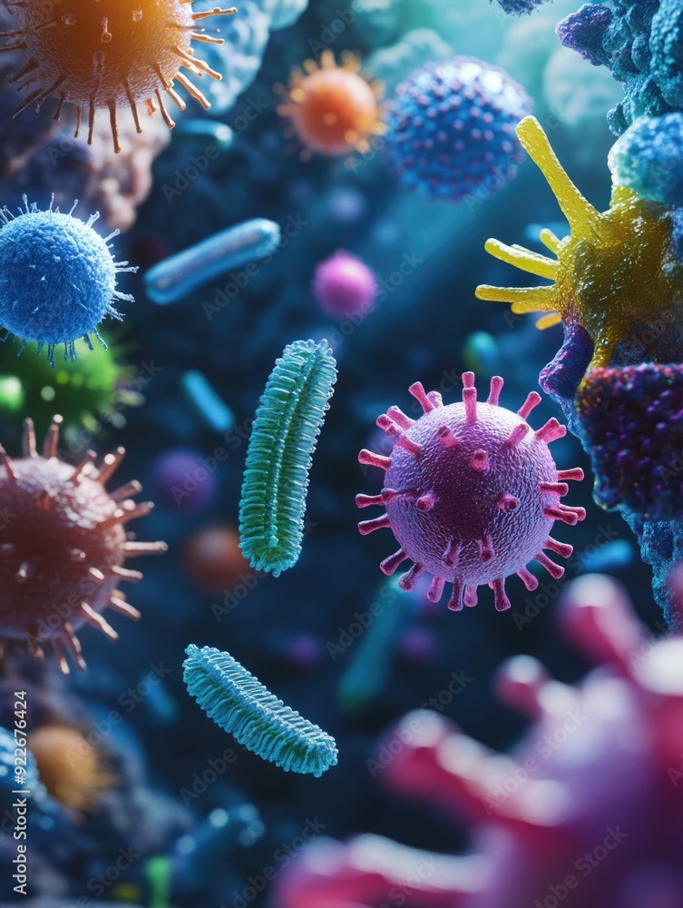Fototapeta premium The microscopic world teeming with life and activity. The image showcases various bacteria, viruses, and other microorganisms swimming or interacting in a vibrant underwater scene.