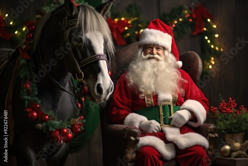 Santa Claus in a red fur coat with a white fur collar with a long white beard in a red hat holds a staff with blue precious stones and a gray horse stands next to him. snowstorm outside.