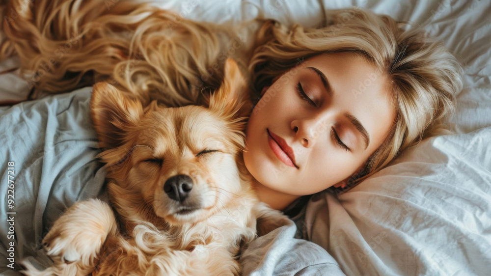 Woman lying at the bottom of her bed with dogs and cats Woman lying at the bottom of her bed with dogs and cats