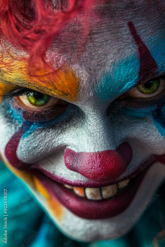 A hyper-realistic image of an evil clown with sharp teeth and a sinister grin, set against a vibrant urban backdrop. A hyper-realistic image of an evil clown with sharp teeth and a sinister grin, set against a vibrant urban backdrop.