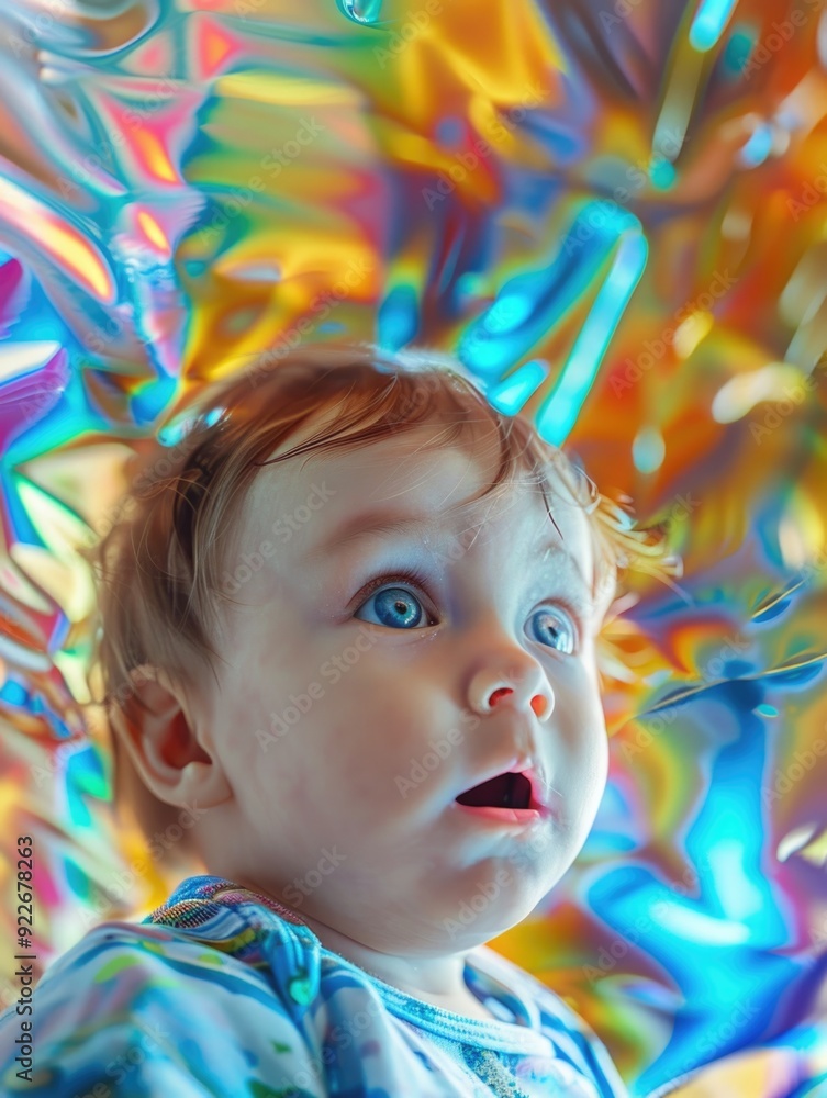 Surreal image of baby with vibrant, psychedelic vortex of colors. Child's innocent expression amidst the imaginative backdrop. Surreal image of baby with vibrant, psychedelic vortex of colors. Child's innocent expression amidst the imaginative backdrop.