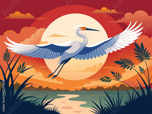 rande aigrette volant au coucher du soleil
