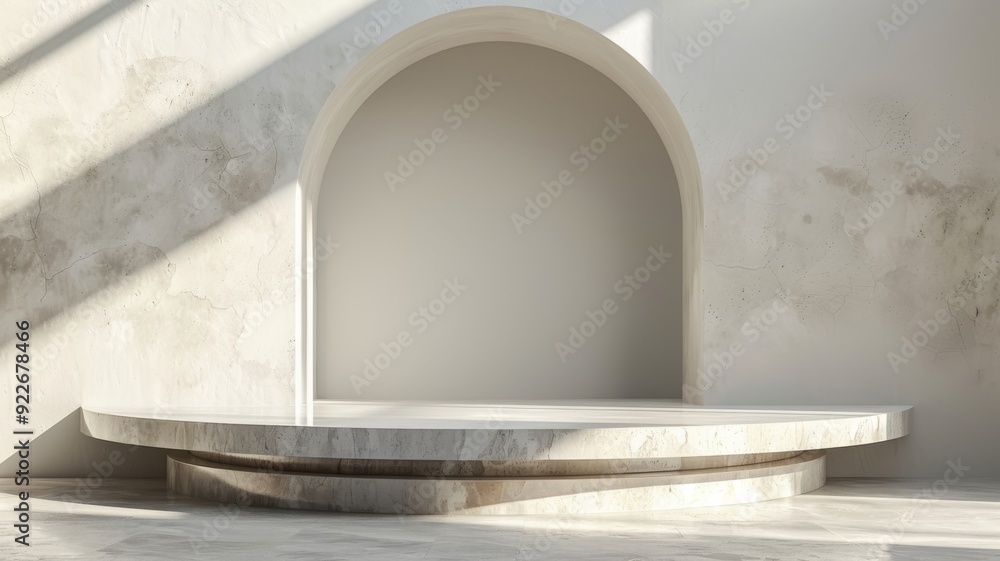 A floating, circular podium with a matte white surface, suspended in mid-air against a light grey background A floating, circular podium with a matte white surface, suspended in mid-air against a light grey background
