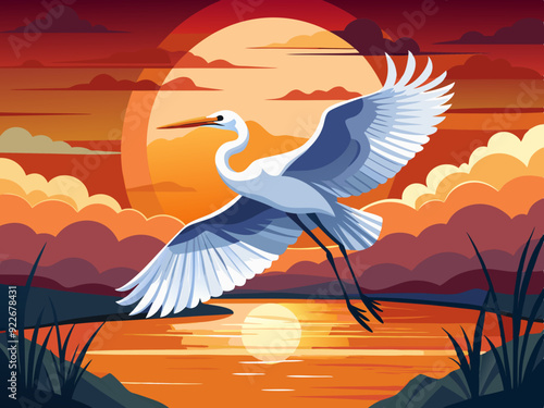 rande aigrette volant au coucher du soleil