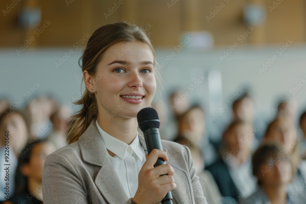 Female professional at a conference podium speaking to an audience. She is in front of a microphone and the crowd is listening. Female professional at a conference podium speaking to an audience. She is in front of a microphone and the crowd is listening.