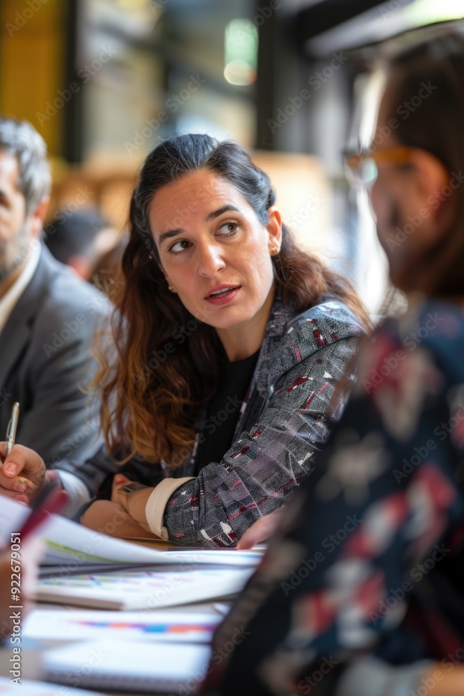 Professional gathering of adults with papers and pens, engaged in discussion. Professional gathering of adults with papers and pens, engaged in discussion.