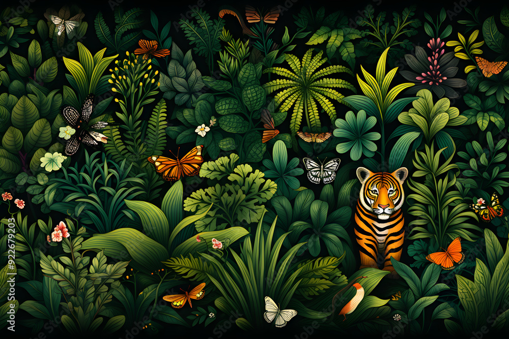 Obraz premium jungle wallpaper background illustration, wallpaper illustration jungle style, tropical jungle vibe