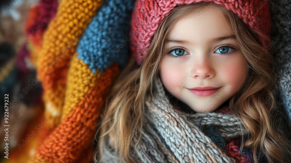 Young girl in warm hat and scarf surrounded by cozy knitted blankets Young girl in warm hat and scarf surrounded by cozy knitted blankets