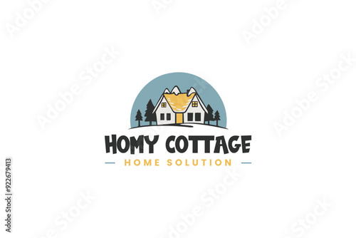 Logo design for Homy Cottage showcasing a cozy home with mountains and trees, ideal for a home solutions brand