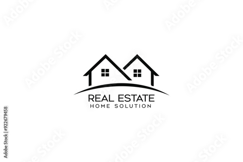 Real estate home solution logo featuring two stylized houses with a curved base