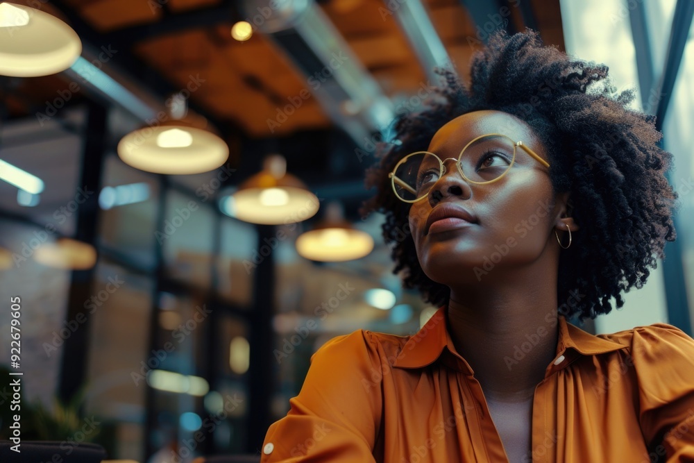 Fototapeta premium A focused African-American professional in an office setting, dressed professionally and wearing glasses.