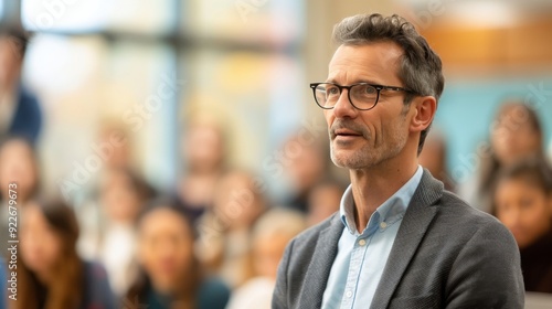 Man Engaging With Audience During Discussion at Conference in Modern Venue