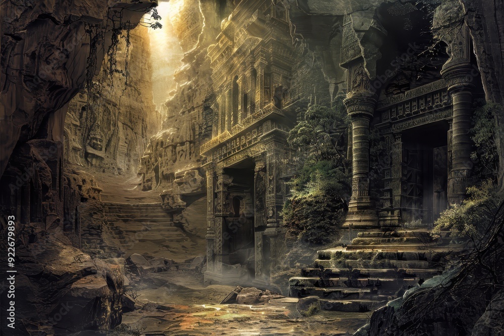 Ancient Stone Ruins and Temple Entrance in a Rocky Gorge Ancient Stone Ruins and Temple Entrance in a Rocky Gorge