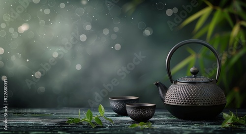 Traditional Tea Set With Bamboo Design on Wooden Table in Serene Outdoor Setting