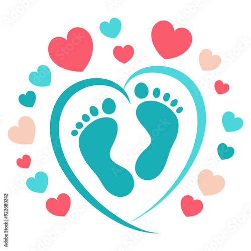 Foot prints icon. Blue baby footprints icon with heart shape, isolated on white background. Vector illustration