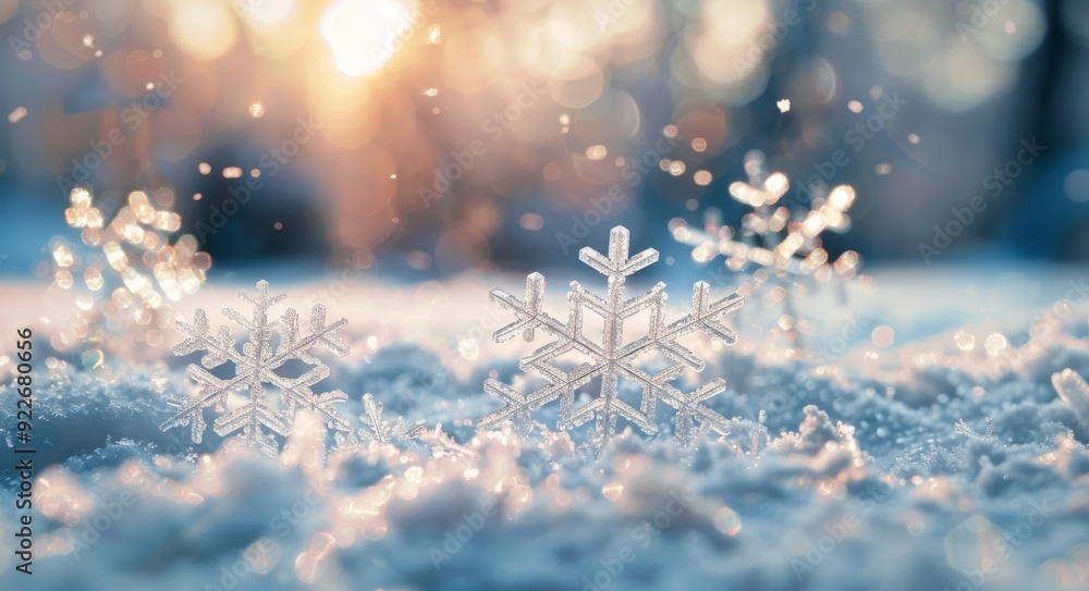 Delicate Snowflakes Sparkle in Soft Winter Light at Sunrise Delicate Snowflakes Sparkle in Soft Winter Light at Sunrise