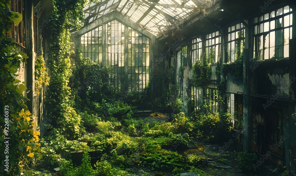Overgrown abandoned industrial room. Decaying factory interior. Post-apocalyptic environment Overgrown abandoned industrial room. Decaying factory interior. Post-apocalyptic environment