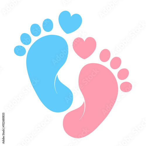 Foot prints icon. Pink and blue baby footprints icon with heart shape, isolated on white background. Vector illustration