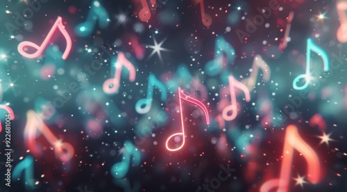 Colorful Musical Notes Floating in a Dark Background With Light Effects