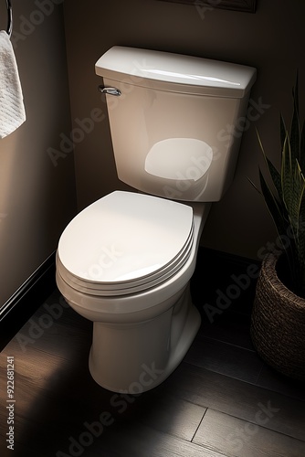 White Ceramic Toilet in Modern, Dimly Lit Bathroom photo