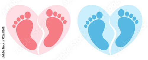 Foot prints icon inside in heart. Pink and blue baby footprints icon with heart shape, isolated on white background. Vector illustration