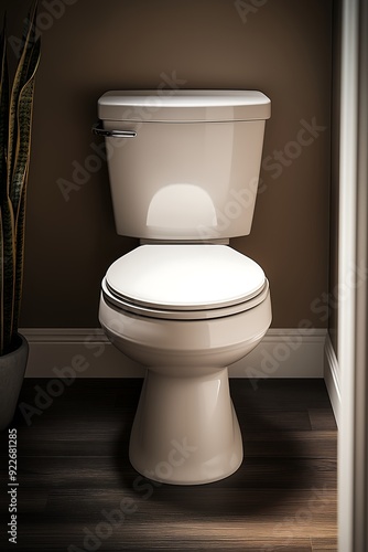 White Ceramic Toilet in Modern, Dimly Lit Bathroom photo