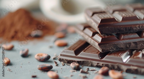 Dark Chocolate Bars With Cocoa Nibs And Powder On A Rustic Table