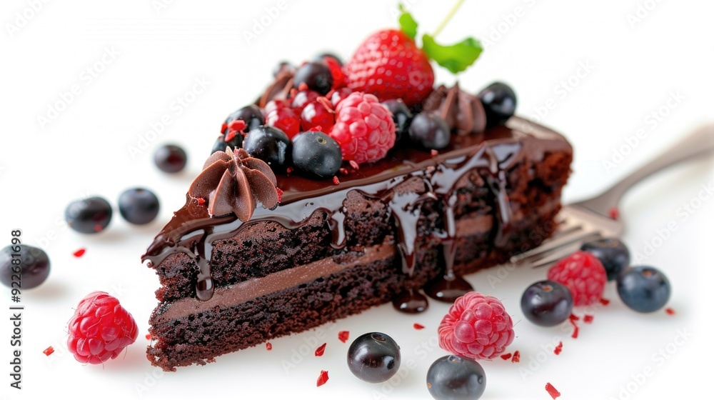 The chocolate cake is rich and decadent, topped with fresh raspberries and blueberries that add a vibrant burst of color and flavor. The chocolate cake is rich and decadent, topped with fresh raspberries and blueberries that add a vibrant burst of color and flavor.