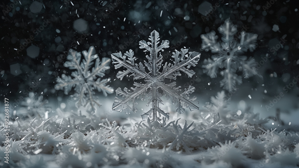Capture the intricate beauty of snowflakes falling against a dark background, with each flake displaying unique patterns Capture the intricate beauty of snowflakes falling against a dark background, with each flake displaying unique patterns