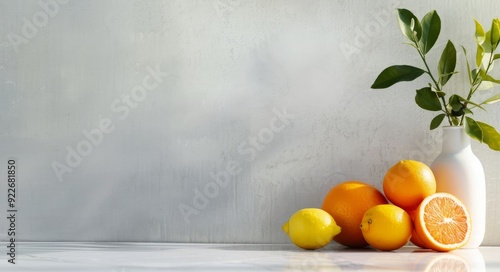 Fresh Citrus Fruits and Green Leaves in a White Vase on a Marble Countertop