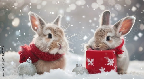 Cute Bunnies Playing in Snow With Presents During Winter Holiday Season