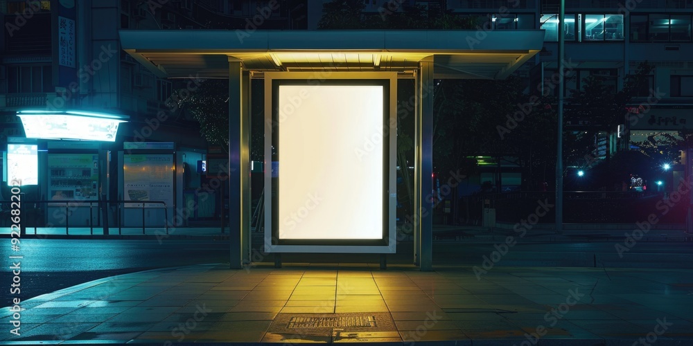 A nighttime scene at a city bus stop, with an illuminated sign and shelter. The area is clean and well-maintained. A single bench suggests a quiet time of day. A nighttime scene at a city bus stop, with an illuminated sign and shelter. The area is clean and well-maintained. A single bench suggests a quiet time of day.