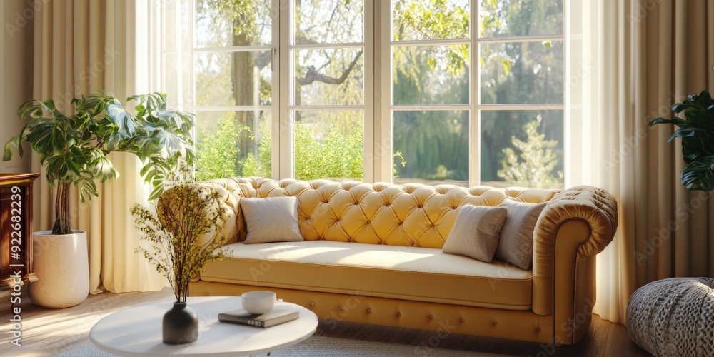 A bright, modern living room with a large window allowing natural light to flood the space. The room is well-furnished with a plush couch, stylish decorations, and potted plants.