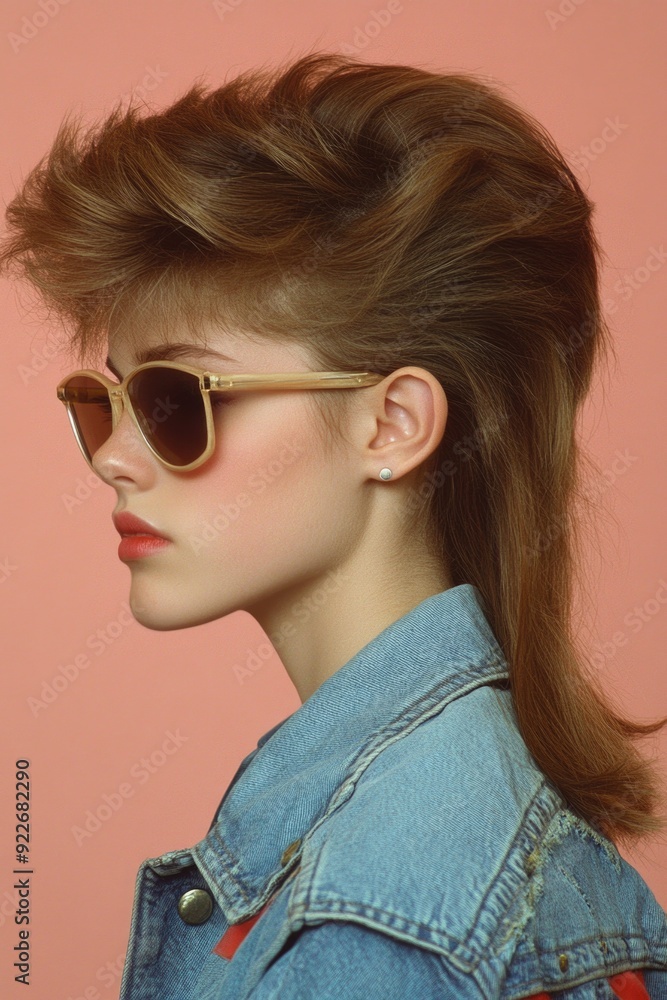 Φωτογραφία A young woman wearing a denim jacket, sporting an 80s mullet haircut and brown sunglasses, showcasing the punk fashion trend