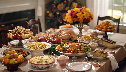 Autumn background from fallen leaves and fruits with vintage place setting on old wooden table. Thanksgiving day concept