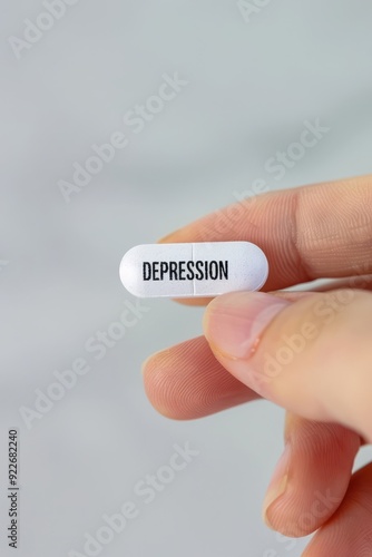 Close-up of a hand holding a white pill with the word 'Depression' written on it.