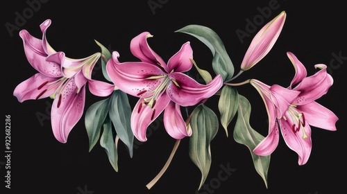 Pink lilies and fuchsia blossoms, realistic watercolor art, soft pastels, cottagecore aesthetic, sticker clipart, on black background photo