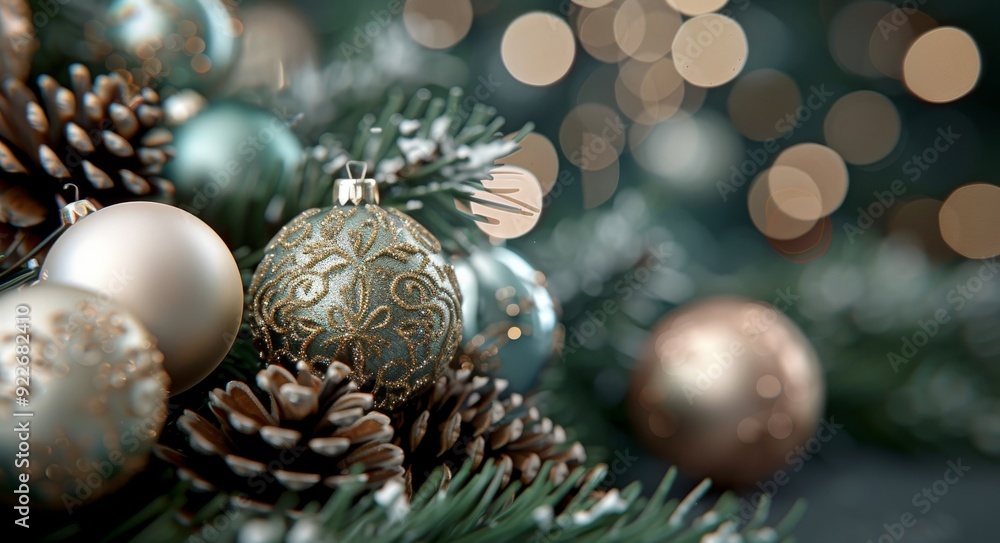 Beautiful Golden Christmas Ornaments on Frosted Pine With Twinkling Lights Beautiful Golden Christmas Ornaments on Frosted Pine With Twinkling Lights