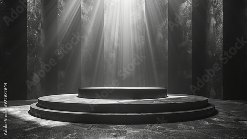 An empty, modern podium with clean, angular lines in a matte black finish